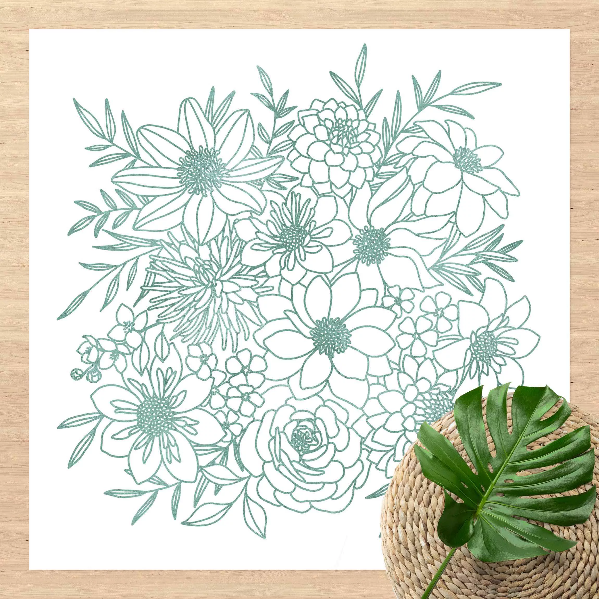 Vinyl-Teppich Lineart Blumen in Metallic Grün günstig online kaufen