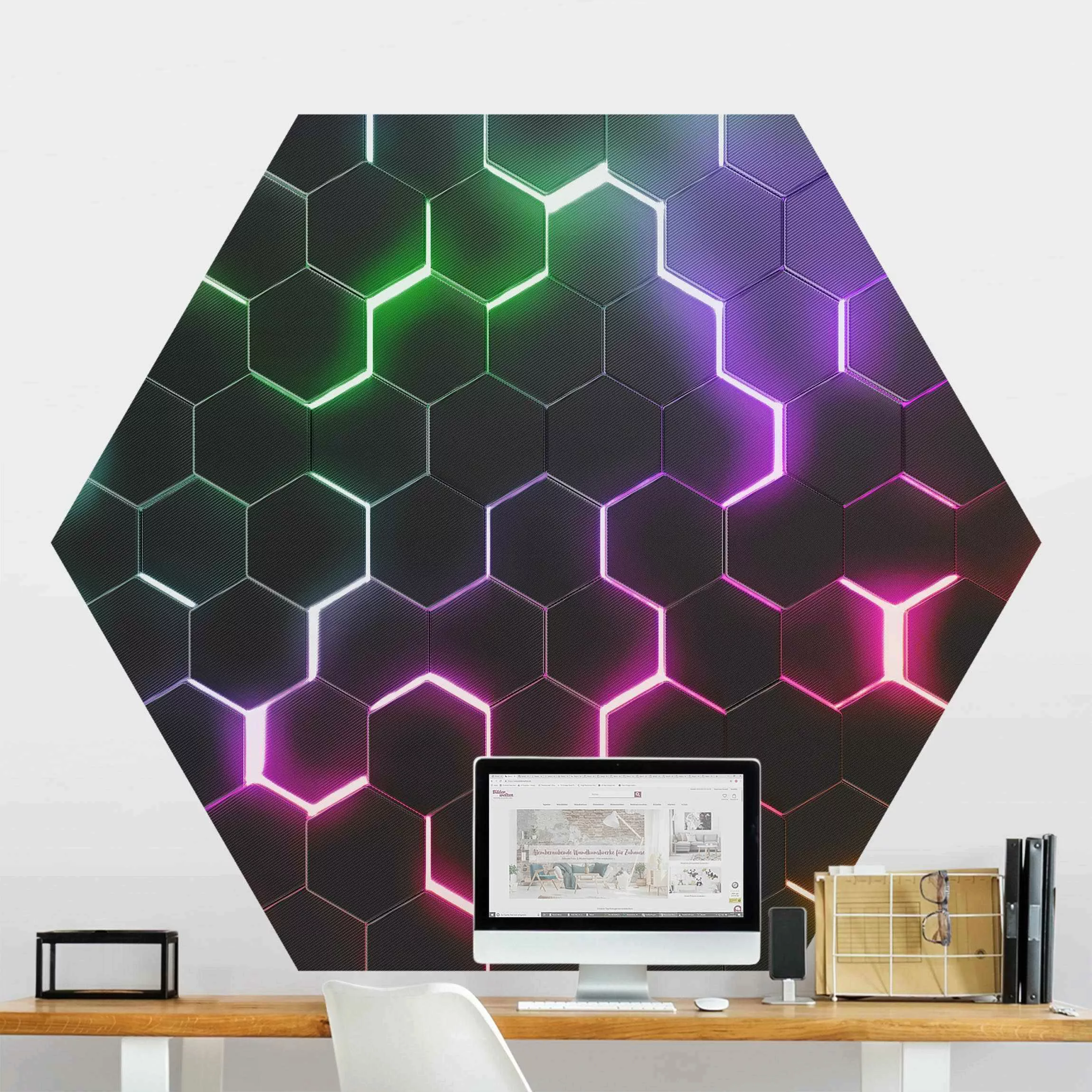 Hexagon Mustertapete Strukturierte Hexagone mit Neonlicht günstig online kaufen