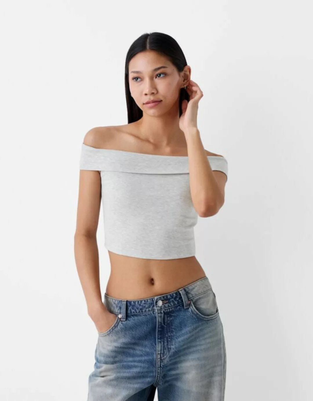 Bershka T-Shirt Mit Kurzen Ärmeln Und Bardot-Ausschnitt Bskteen L Grau günstig online kaufen