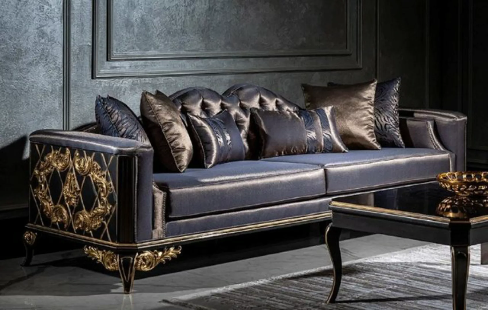 Casa Padrino Sofa Luxus Barock Sofa Blau / Schwarz / Gold - Prunkvolles Woh günstig online kaufen