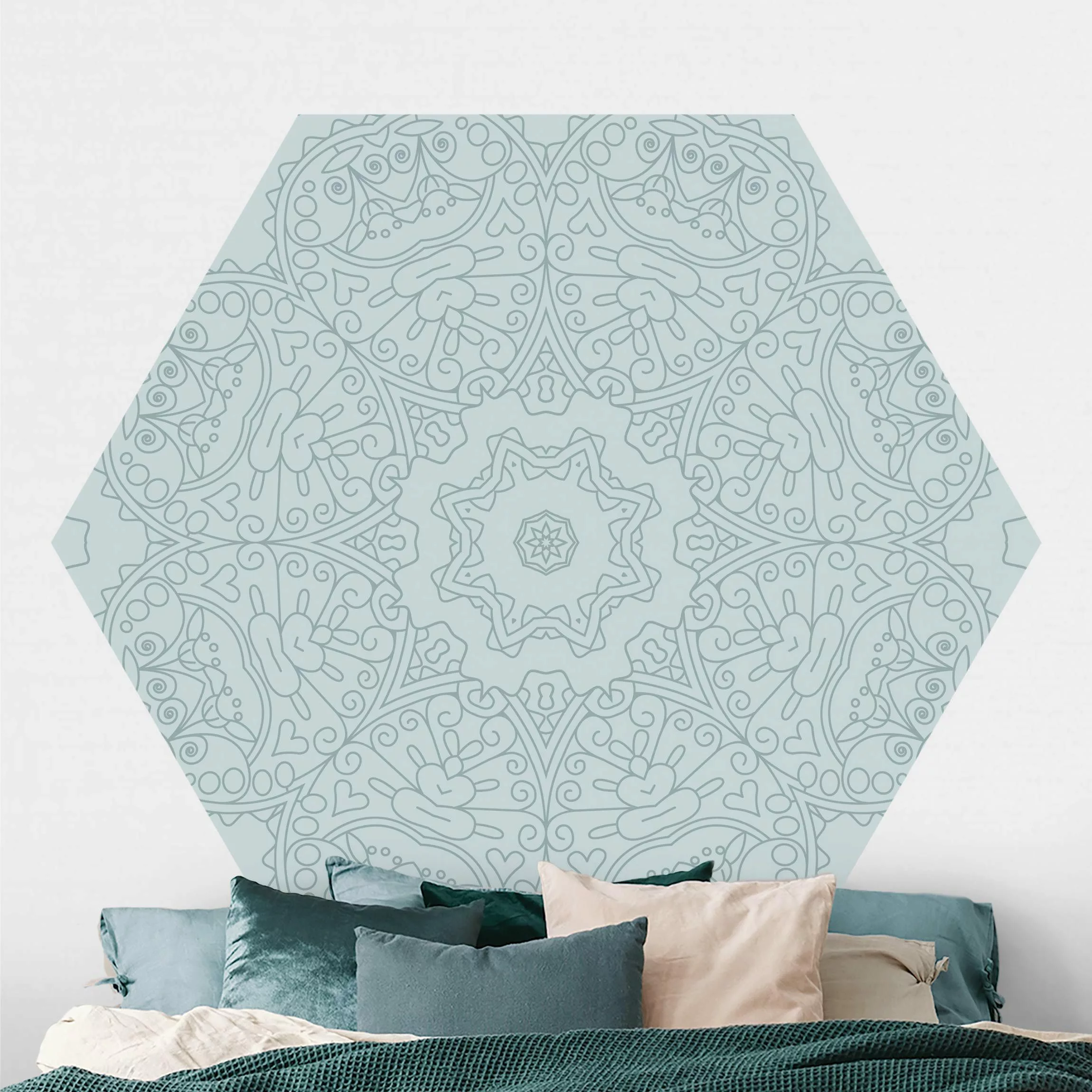 Hexagon Mustertapete selbstklebend Zackige Mandalablume mit Stern in Türkis günstig online kaufen