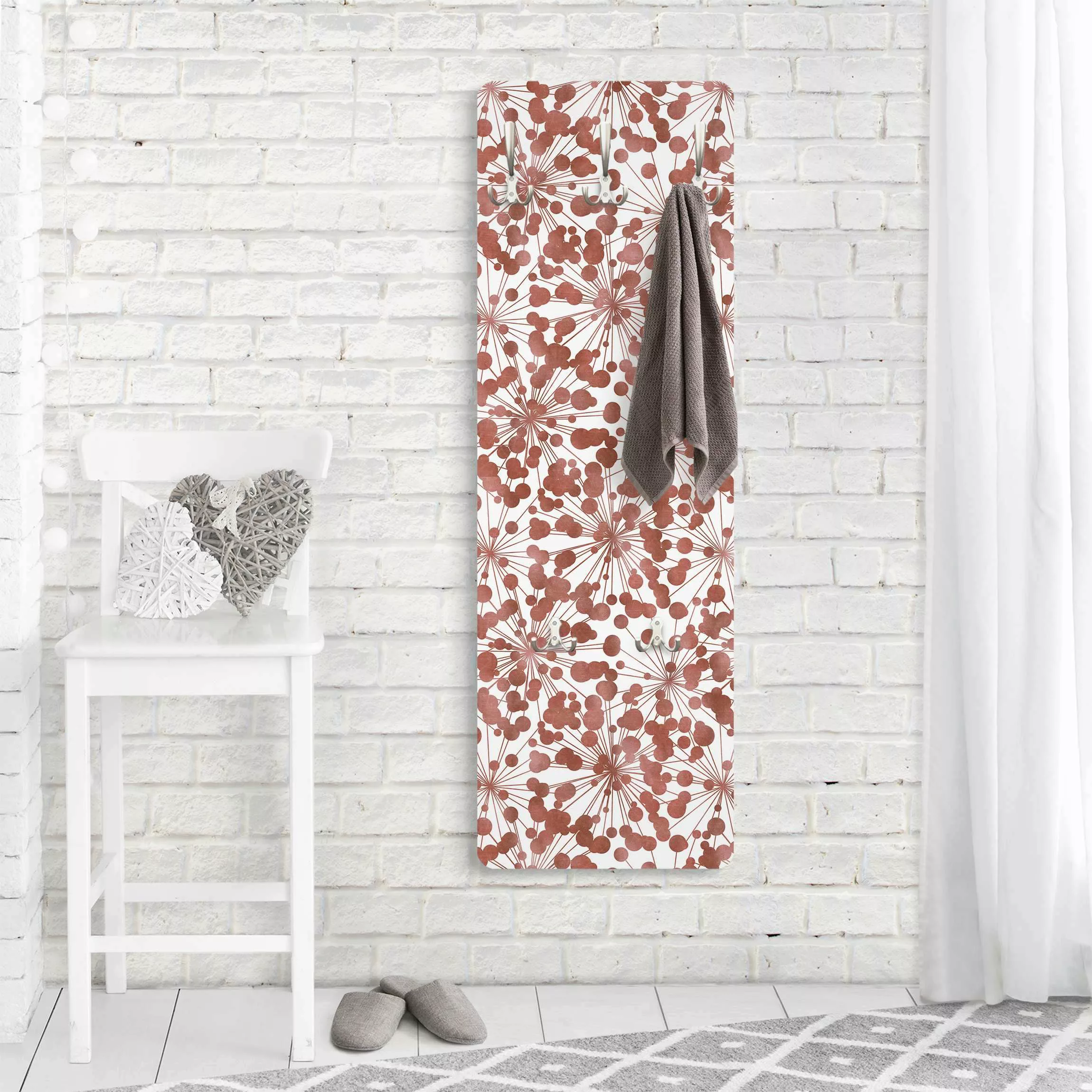 Wandgarderobe Holzpaneel Natürliches Muster Pusteblume mit Punkten Kupfer günstig online kaufen