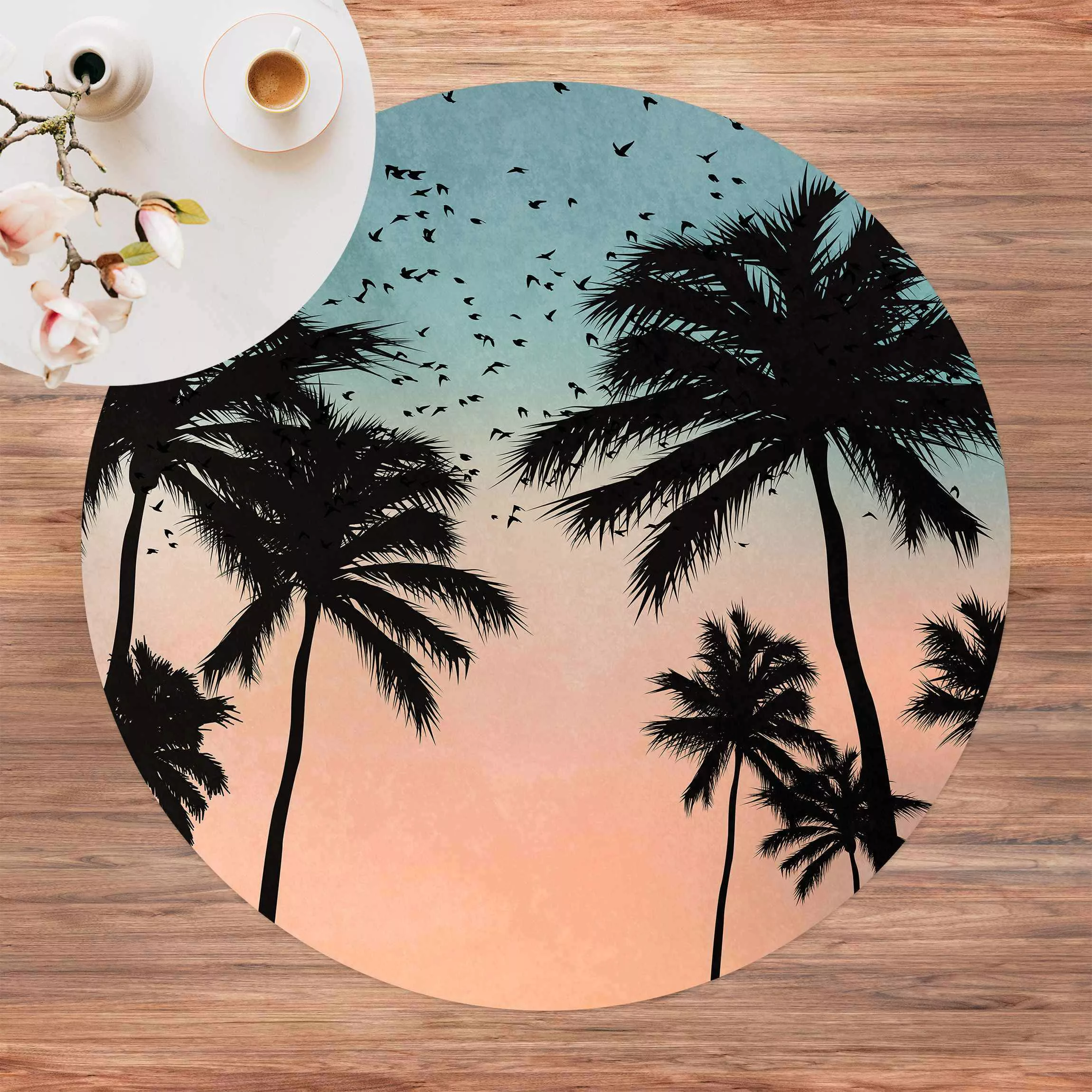 Runder Vinyl-Teppich Tropischer Sonnenaufgang in Blau Rosa günstig online kaufen