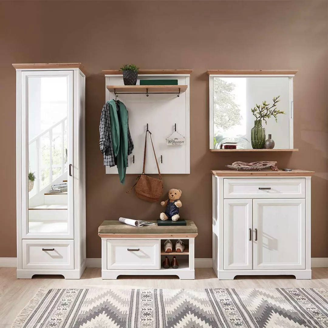 Garderobenmöbel Set in Weiß und Eichefarben Landhaus Design (fünfteilig) günstig online kaufen