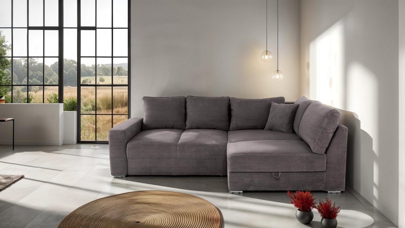 Massivart® Ecksofa JANIS Cord dunkelgrau / 260 cm / Cordsofa, Bettfunktion günstig online kaufen