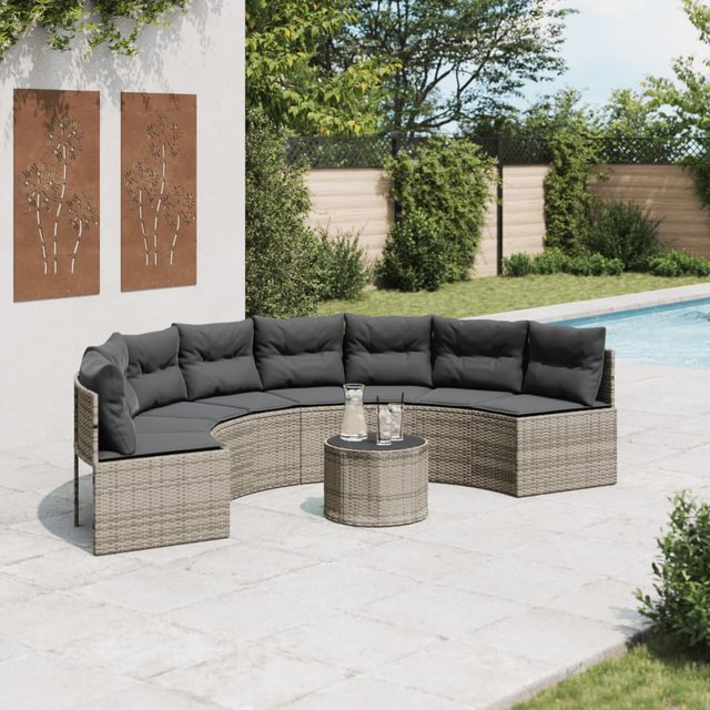 vidaXL Sofa Gartensofa mit Tisch und Kissen Halbrund Grau Poly Rattan günstig online kaufen