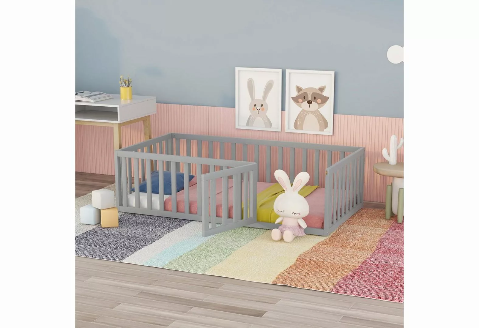 OKWISH Bett Einzelbett Kinderbett Massivholzbett (mit Zaun und Tür), mit 2 günstig online kaufen