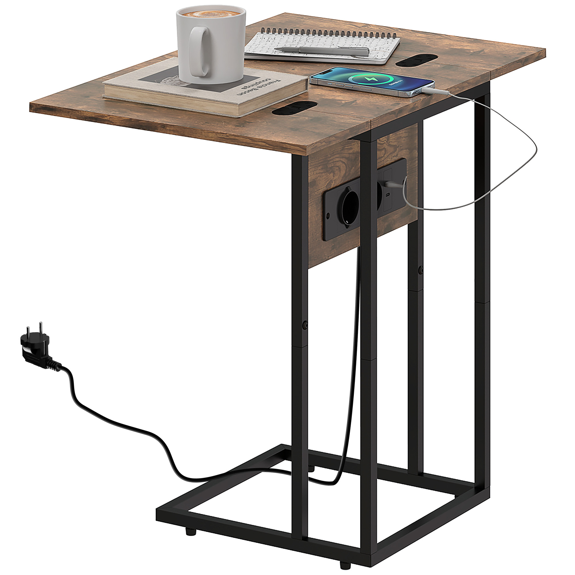 HOMCOM Couchtisch in C-Form mit ausziehbarer Ablage und Ladestation, modern günstig online kaufen