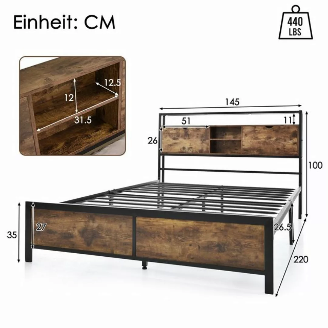 Flieks Metallbett, Doppelbett mit Stauraumfach 140x200cm Eisen Bettgestell günstig online kaufen