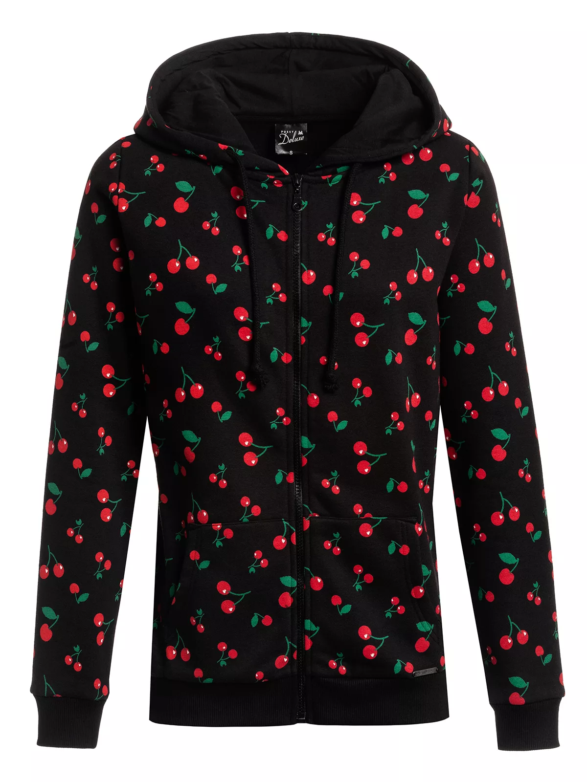 Pussy Deluxe Cherries Damen Kapuzensweatjacke schwarz allover günstig online kaufen