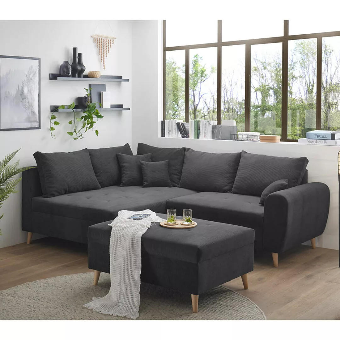 Ecksofa mit Hocker und 8 Kissen in anthrazit, L-Form mit Recamiere links, S günstig online kaufen