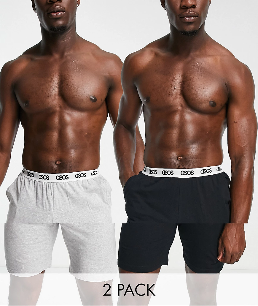ASOS DESIGN – 2er-Pack Lounge-Shorts aus Jersey in Schwarz und Grau-Bunt günstig online kaufen
