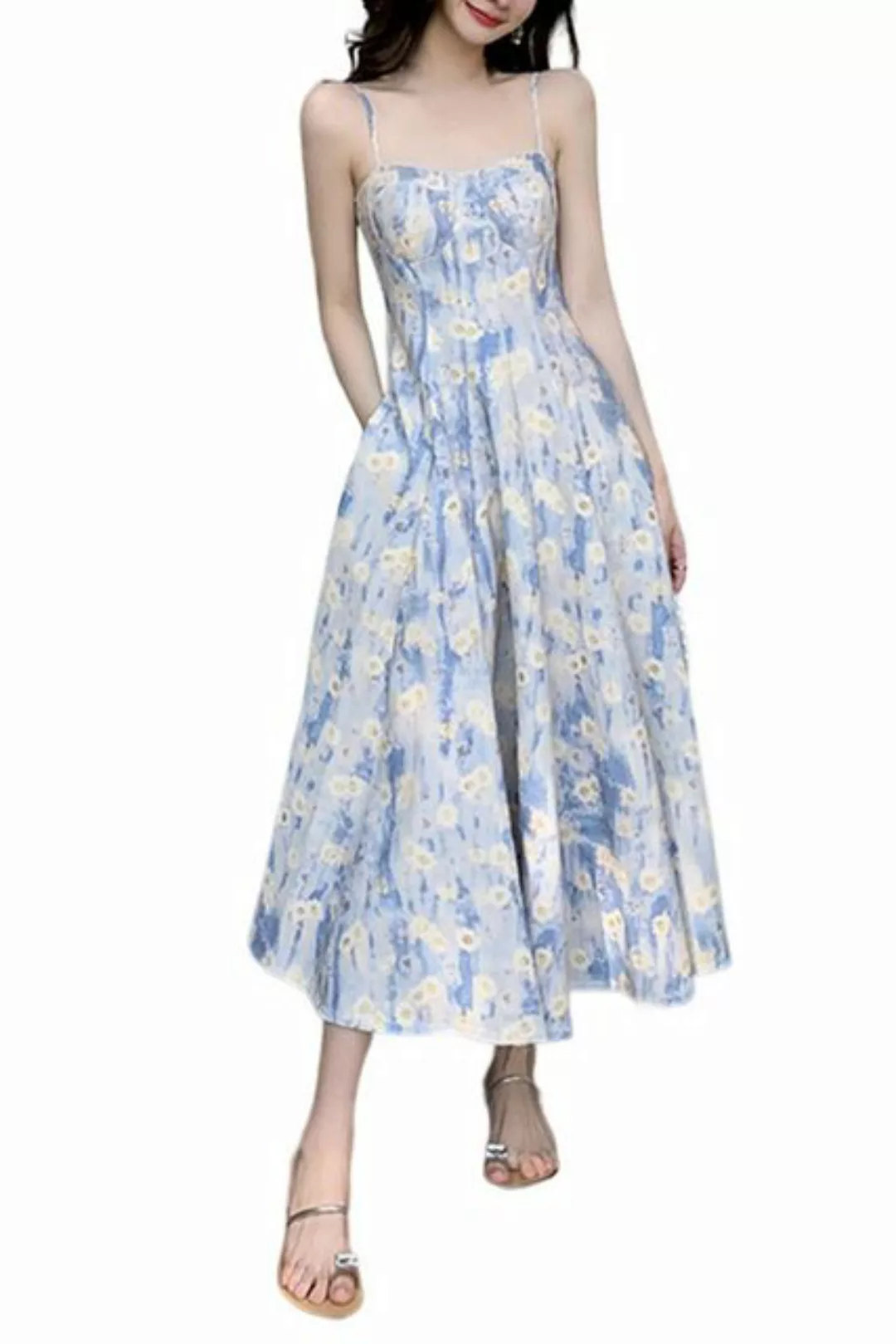 B.X Abendkleid Damen Blau Spaghettikleid Druckkleid A-Linien-Kleid Sommerkl günstig online kaufen