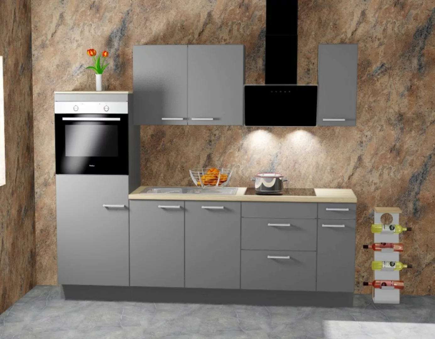Einbauküche MANKAONYX 19 Onyxgrau - Schränke montiert/ Küchenzeile 245 cm m günstig online kaufen