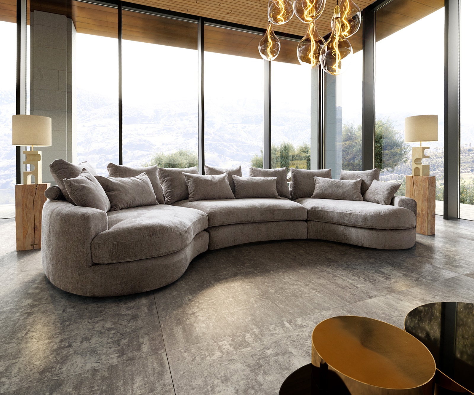 Megasofa Estrea 410x155 cm Webstoff Taupe Rundsofa günstig online kaufen