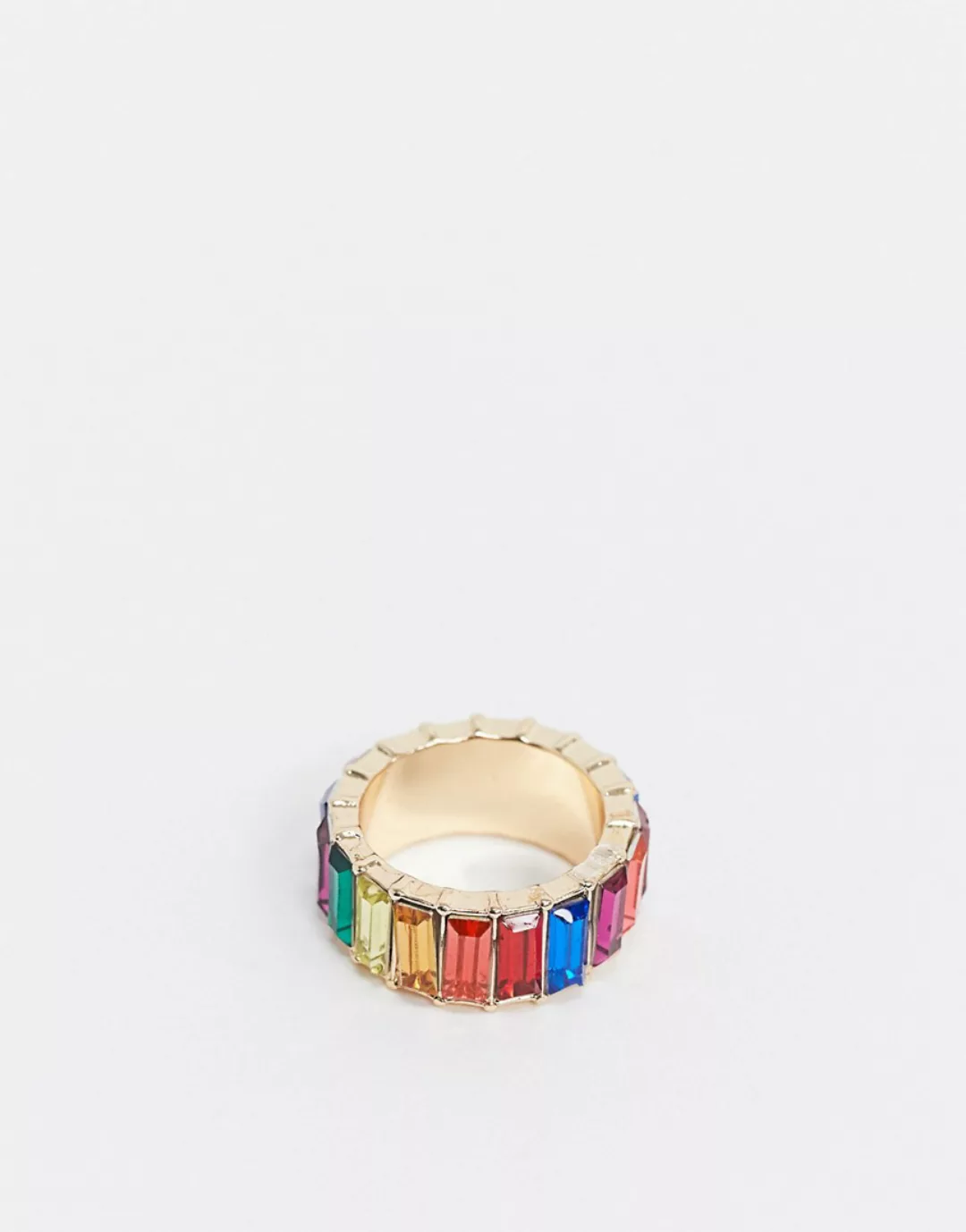 ASOS DESIGN – Goldfarbiger Ring mit Regenbogen-Kristall im Baguette-Schliff günstig online kaufen