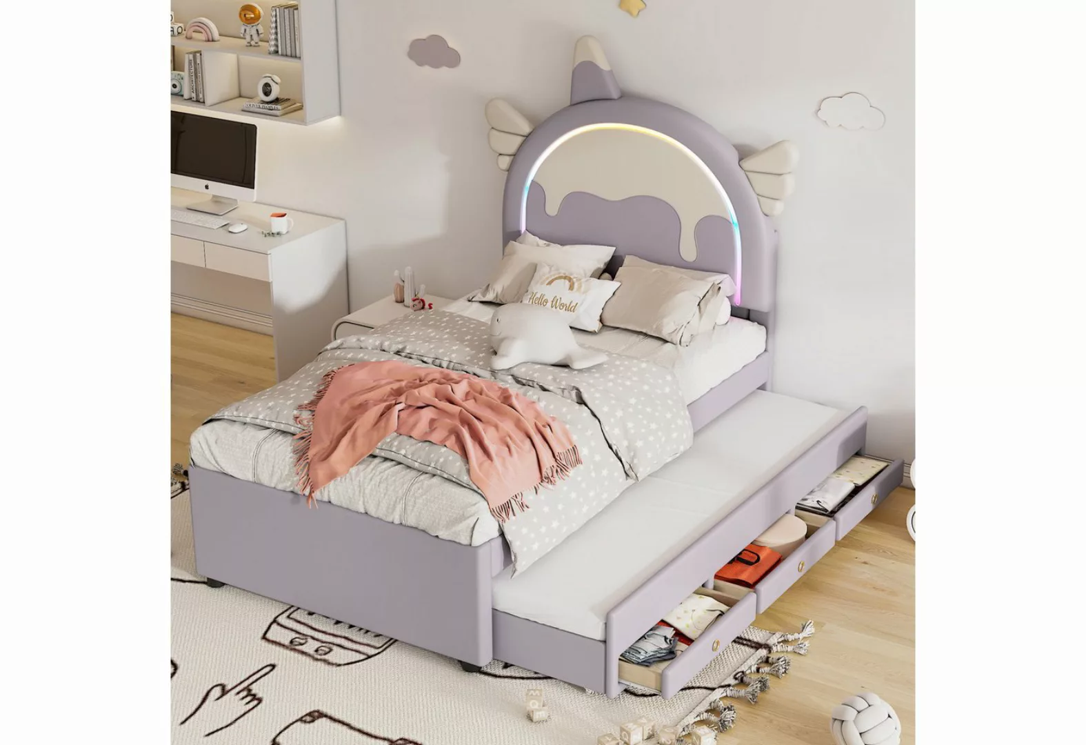 HAUSS SPLOE Kinderbett 90 x 200cm Einhornform, mit ausziehbares Rollbett, P günstig online kaufen