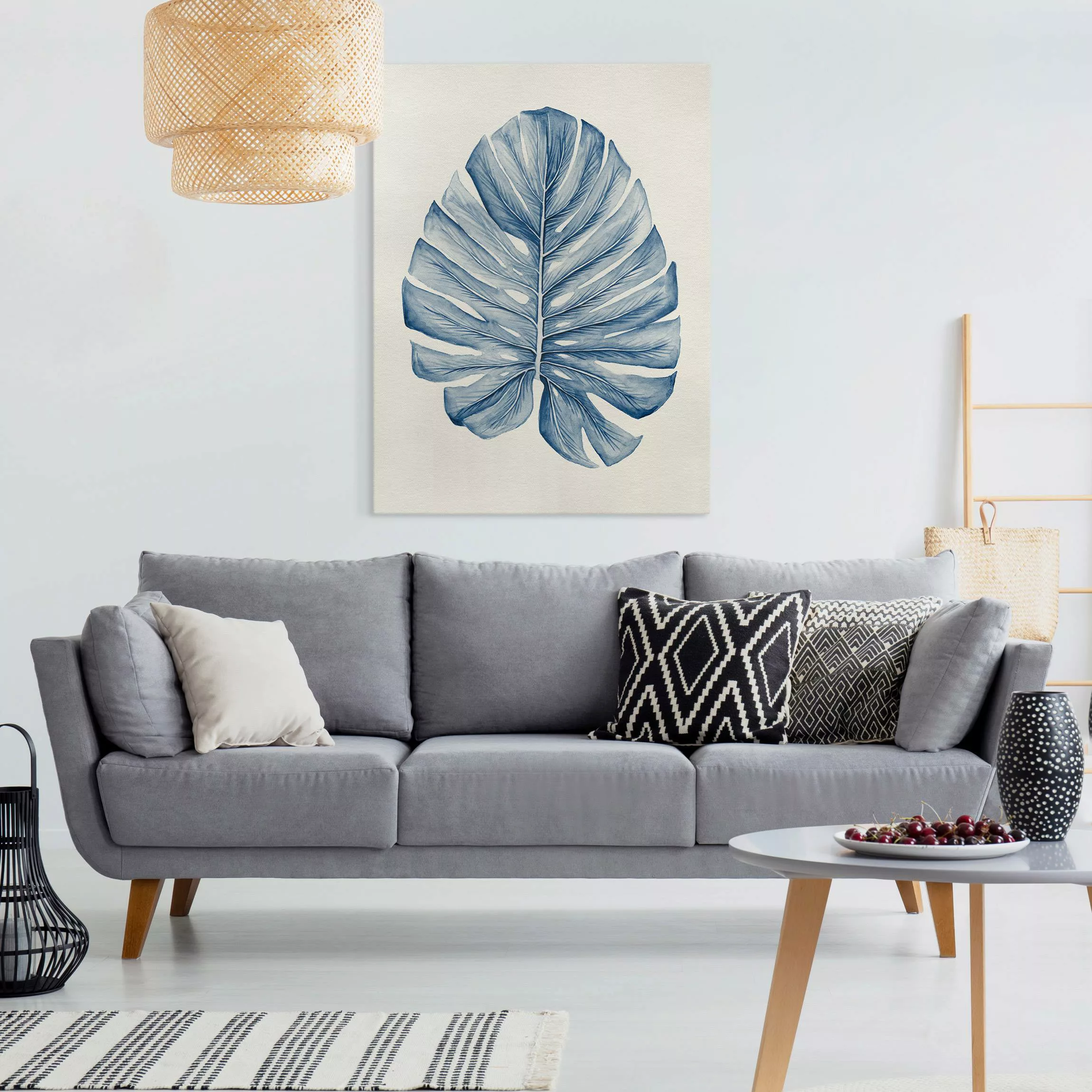 Leinwandbild Zeichnung Tropische Monstera in Indigo günstig online kaufen