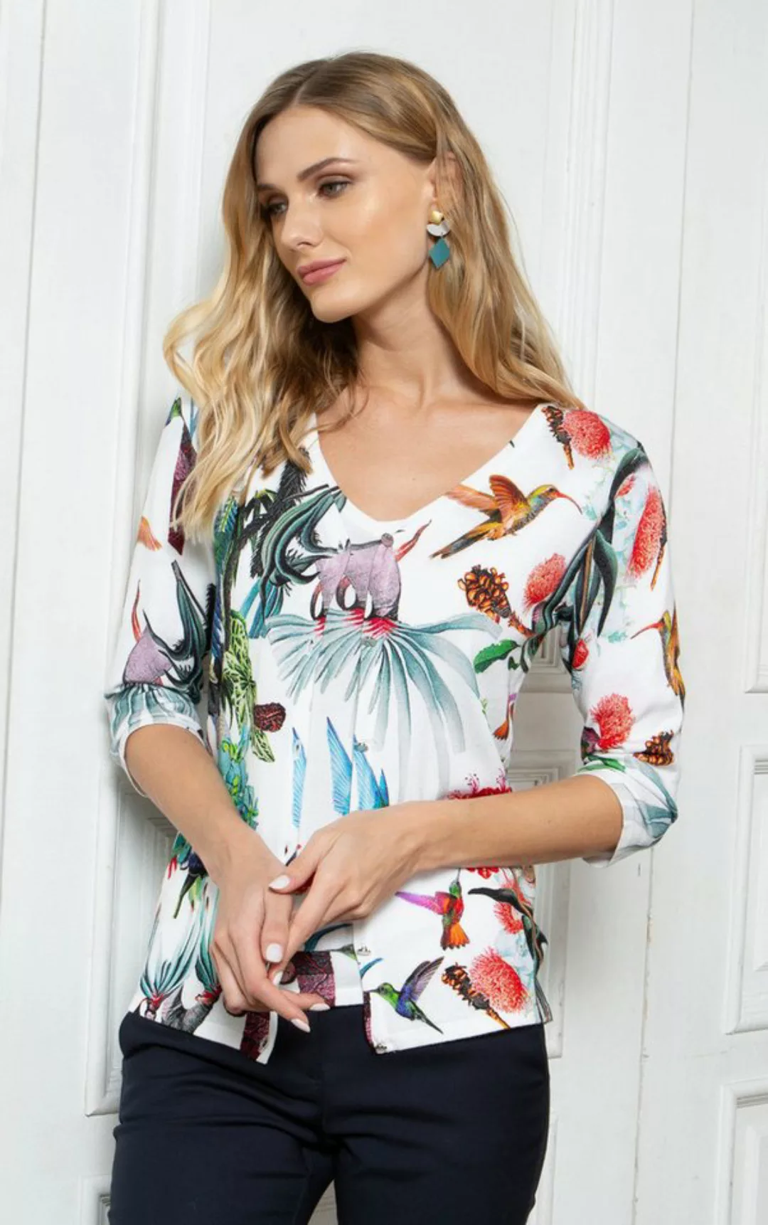 Passioni Cardigan Twin-Set mit exotischem Blumen- und Vogeldruck günstig online kaufen