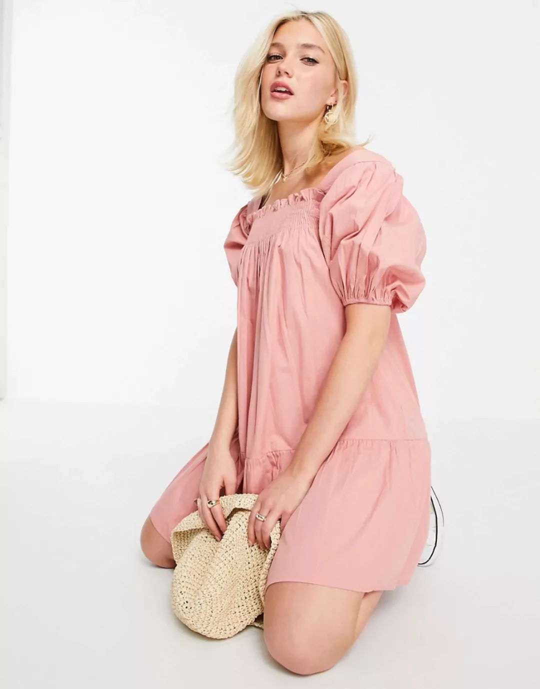 Influence – Minikleid aus Baumwollpopeline mit Puffärmeln in Rosa-Orange günstig online kaufen