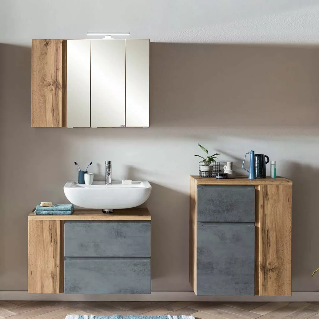 Waschplatz Set mit Spiegelschrank in Wildeichefarben Beton Grau (dreiteilig günstig online kaufen
