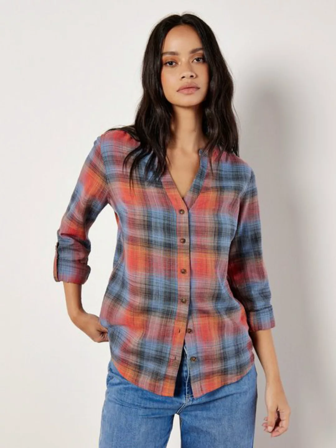 Apricot Klassische Bluse Sunset Plaid Granddad Shirt, (1-tlg) ohne Kragen günstig online kaufen