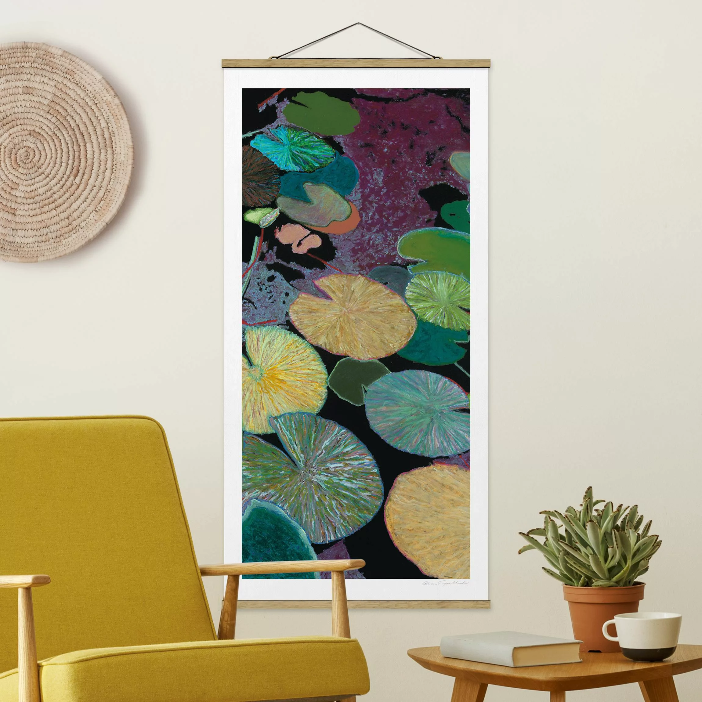 Stoffbild Blumen mit Posterleisten - Hochformat Seerose mit Blättern IV günstig online kaufen