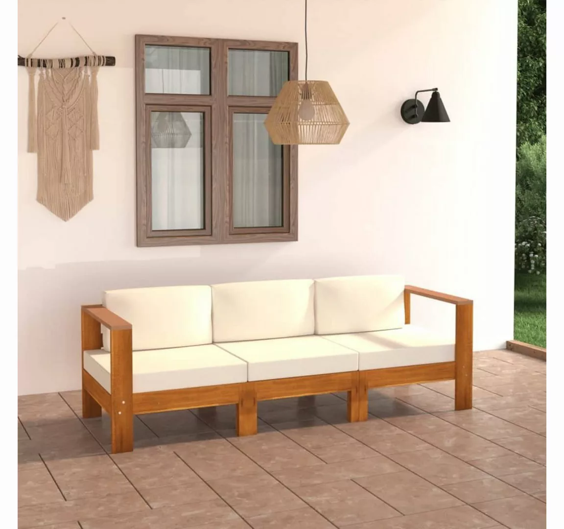 furnicato Loungesofa 3-Sitzer-Gartensofa mit Cremeweißen Auflagen Massivhol günstig online kaufen