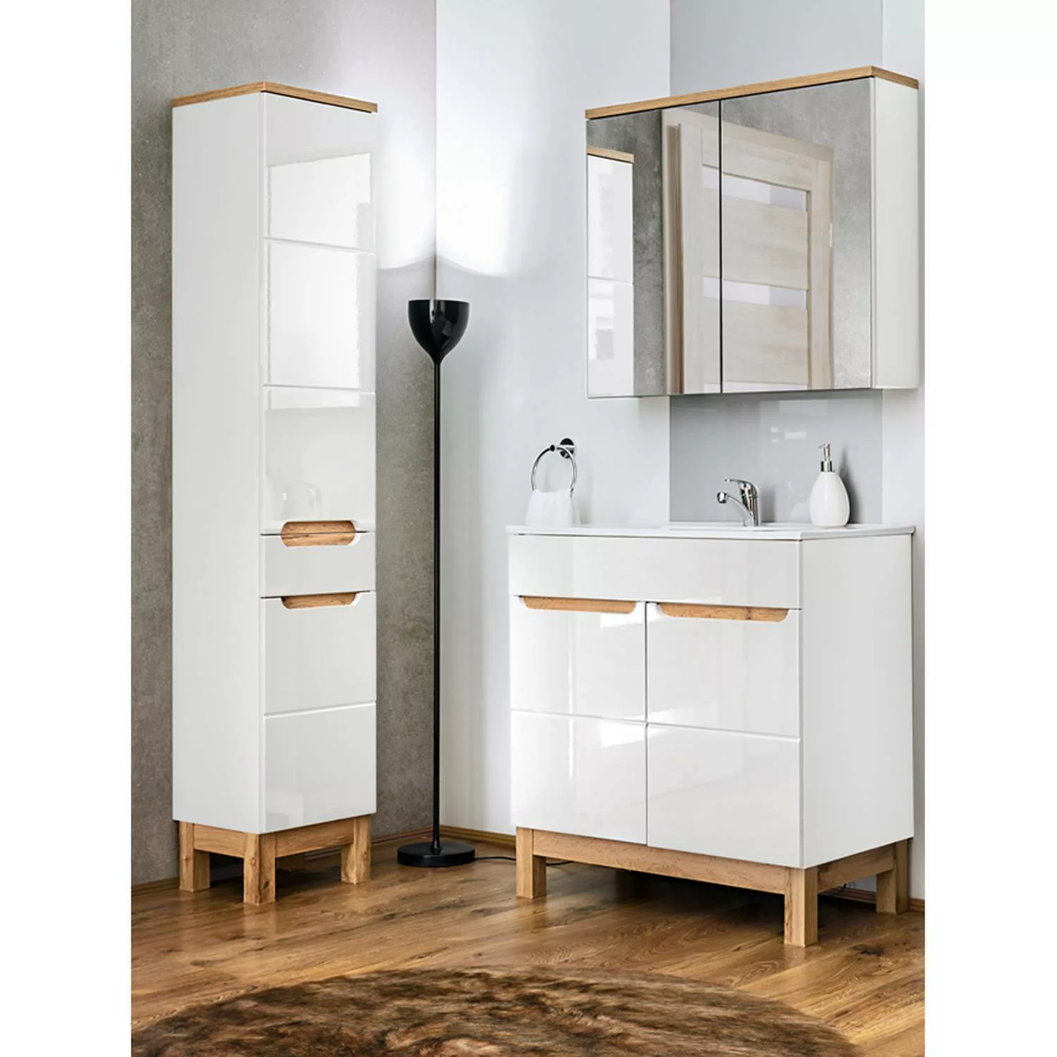 Badezimmermöbel Set mit 80cm Waschtisch & LED-Spiegelschrank SOLNA-56 in Ho günstig online kaufen