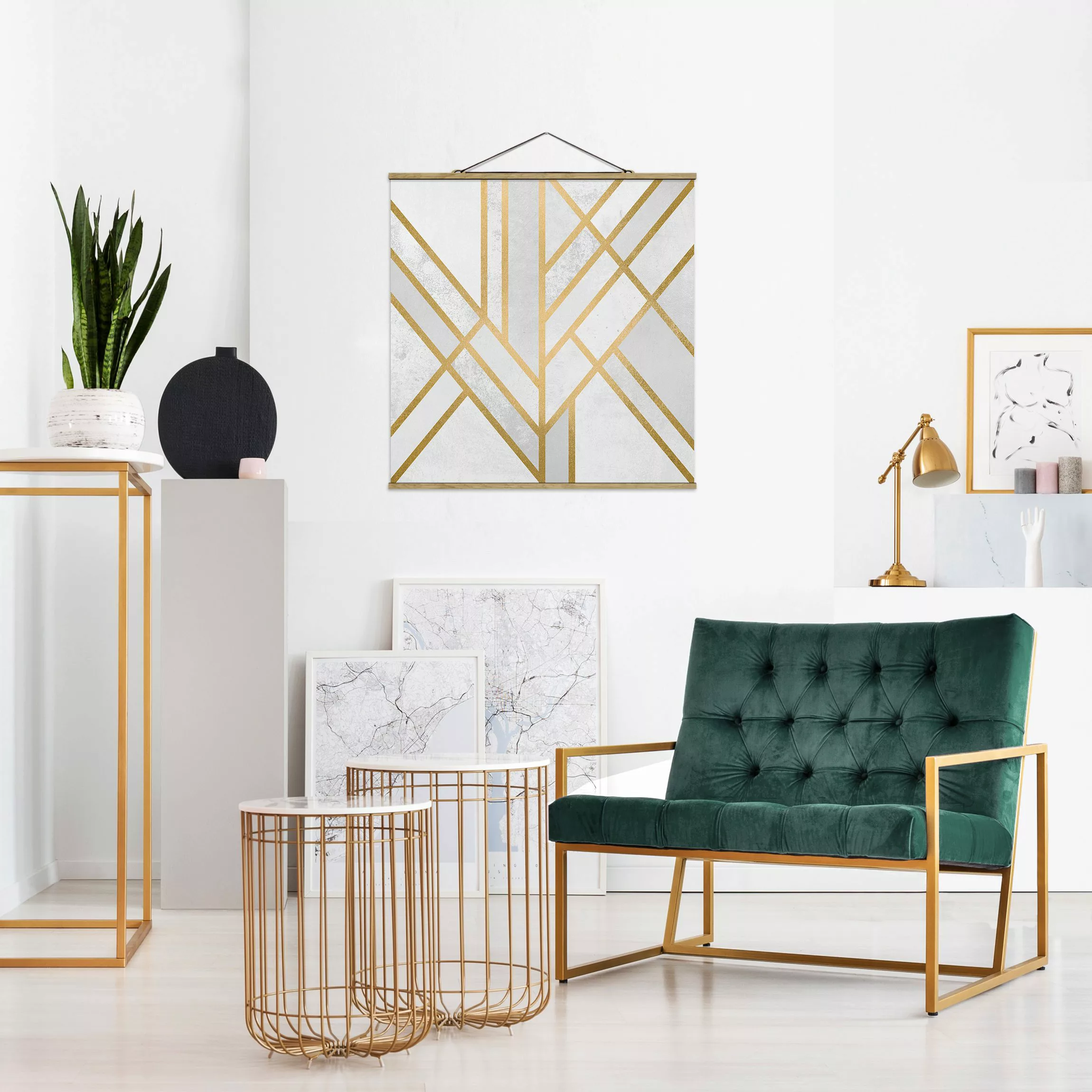 Stoffbild Abstrakt mit Posterleisten - Quadrat Art Deco Geometrie Weiß Gold günstig online kaufen