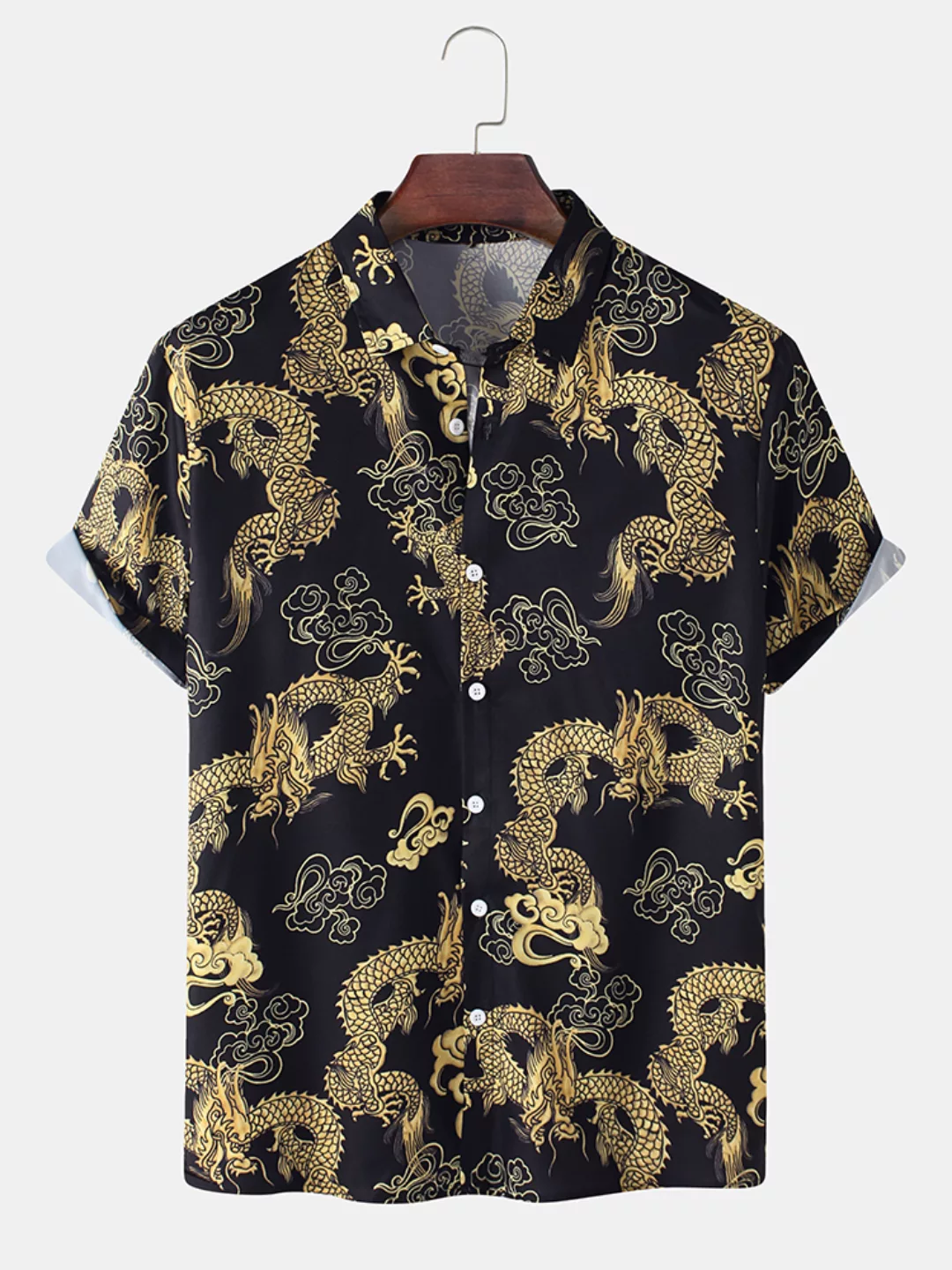 Herren All Over Golden Dragon Print Baumwolle Relaxed Fit Kurzarmhemden günstig online kaufen