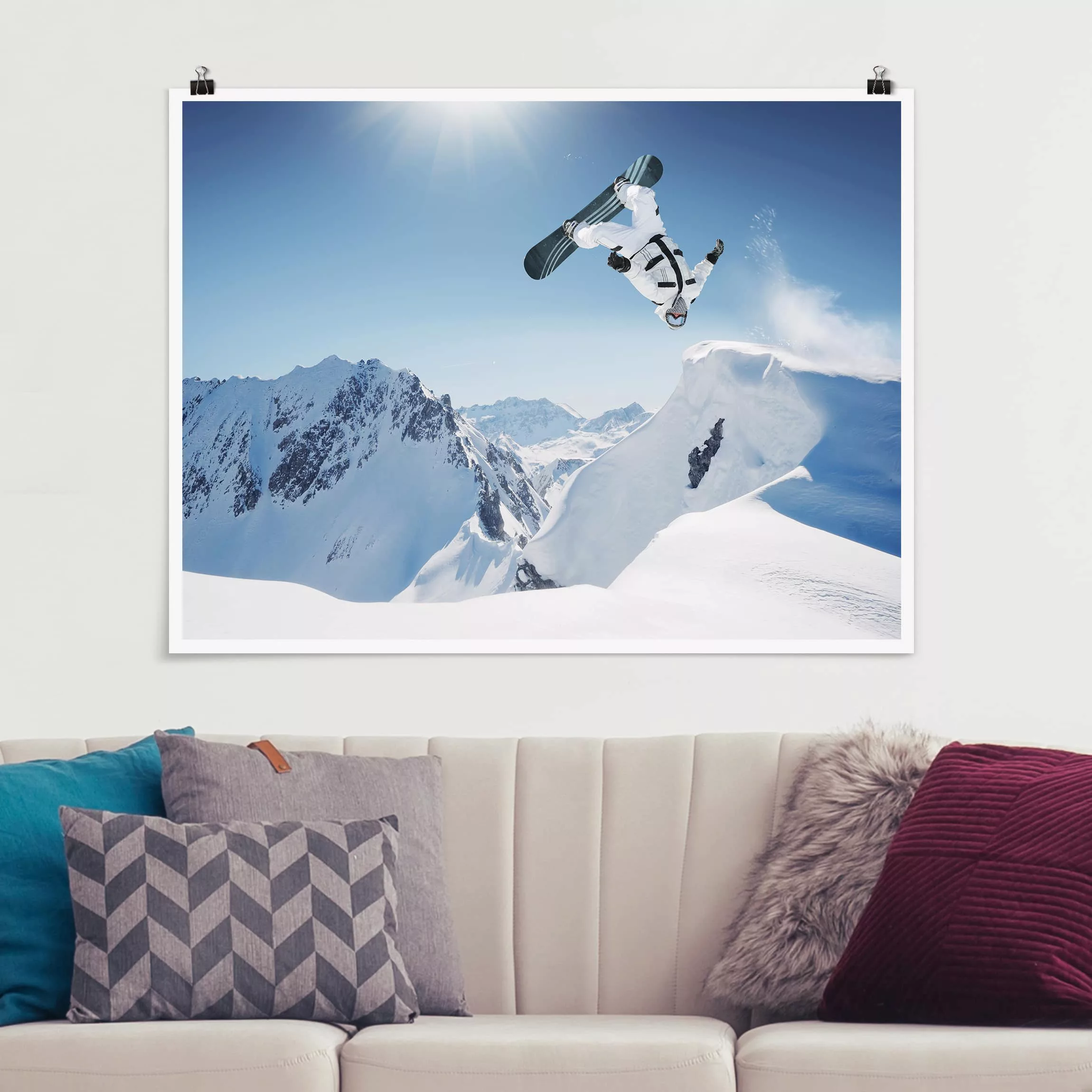Poster Kinderzimmer - Querformat Fliegender Snowboarder günstig online kaufen