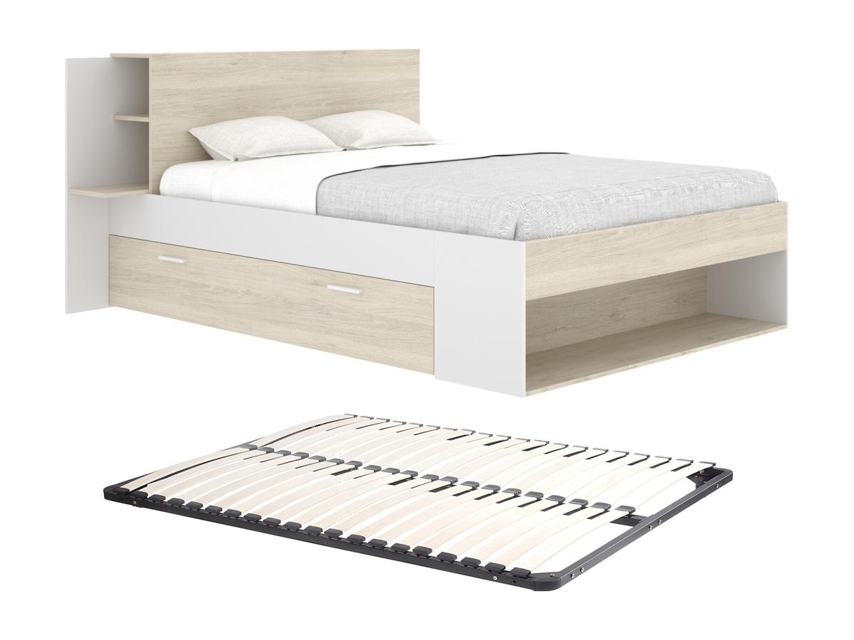Bett mit Stauraum + Lattenrost - 140 x 190 cm - Holzfarben & Weiß - KEROSIA günstig online kaufen