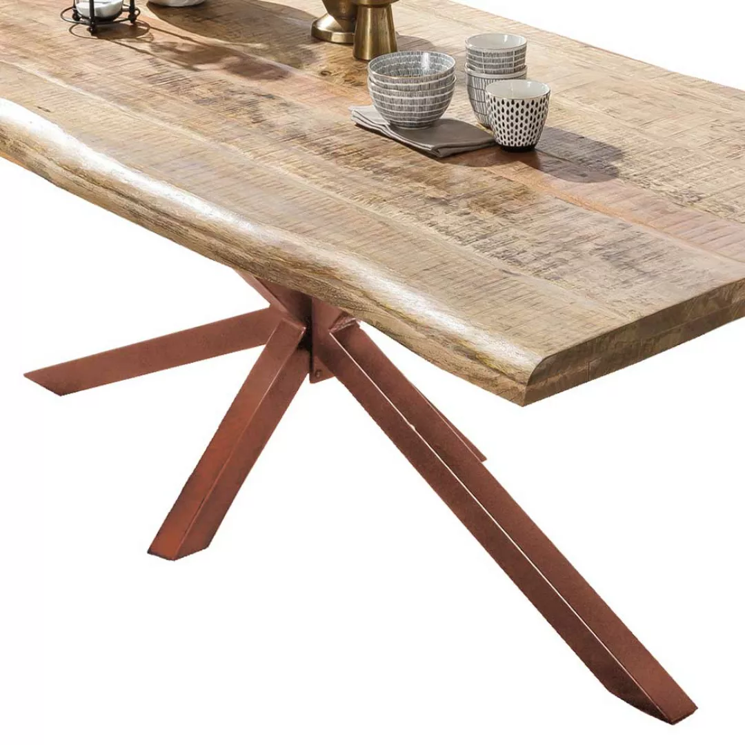 Esszimmertisch aus Mangobaum Massivholz und Eisen Baumkante günstig online kaufen