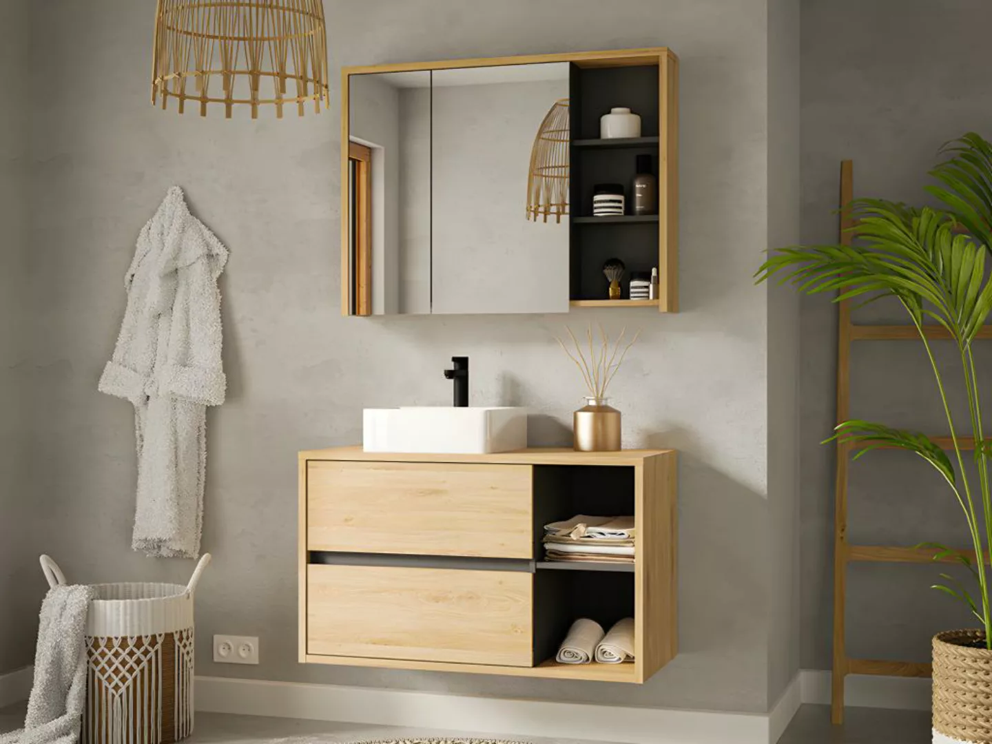 Badezimmer Spiegelschrank - Naturfarben - 100 cm - PURNAL günstig online kaufen