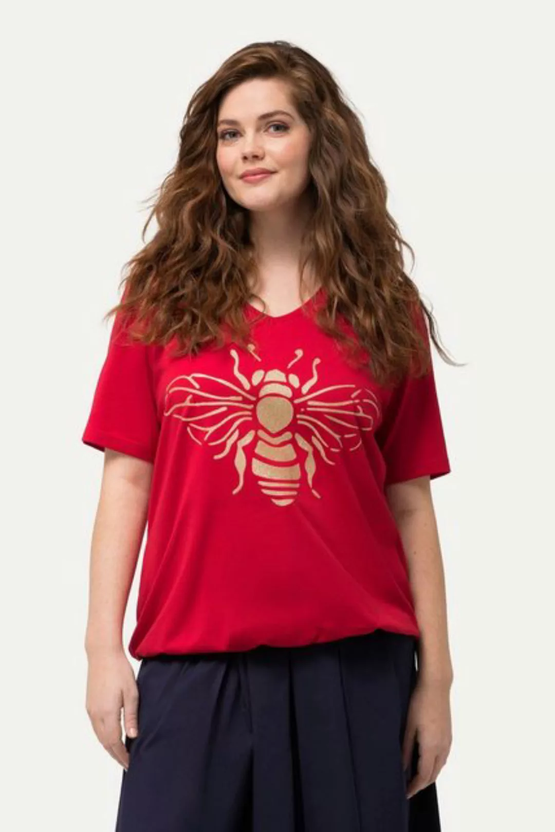 Ulla Popken Rundhalsshirt T-Shirt Biene V-Ausschnitt Gummisaum Halbarm günstig online kaufen