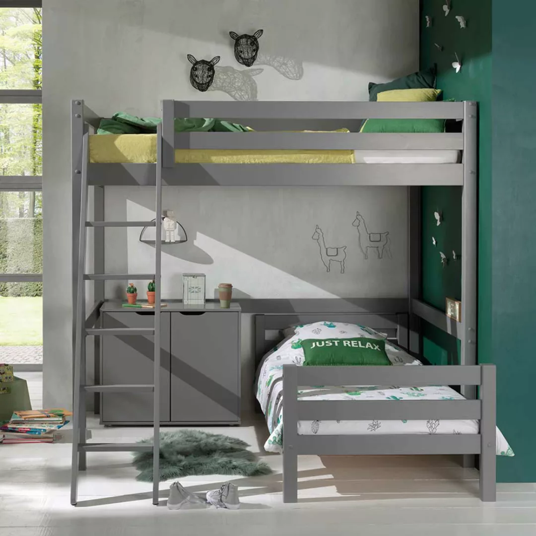 Kinderetagenbett mit Schrank Kiefer Massivholz Grau günstig online kaufen