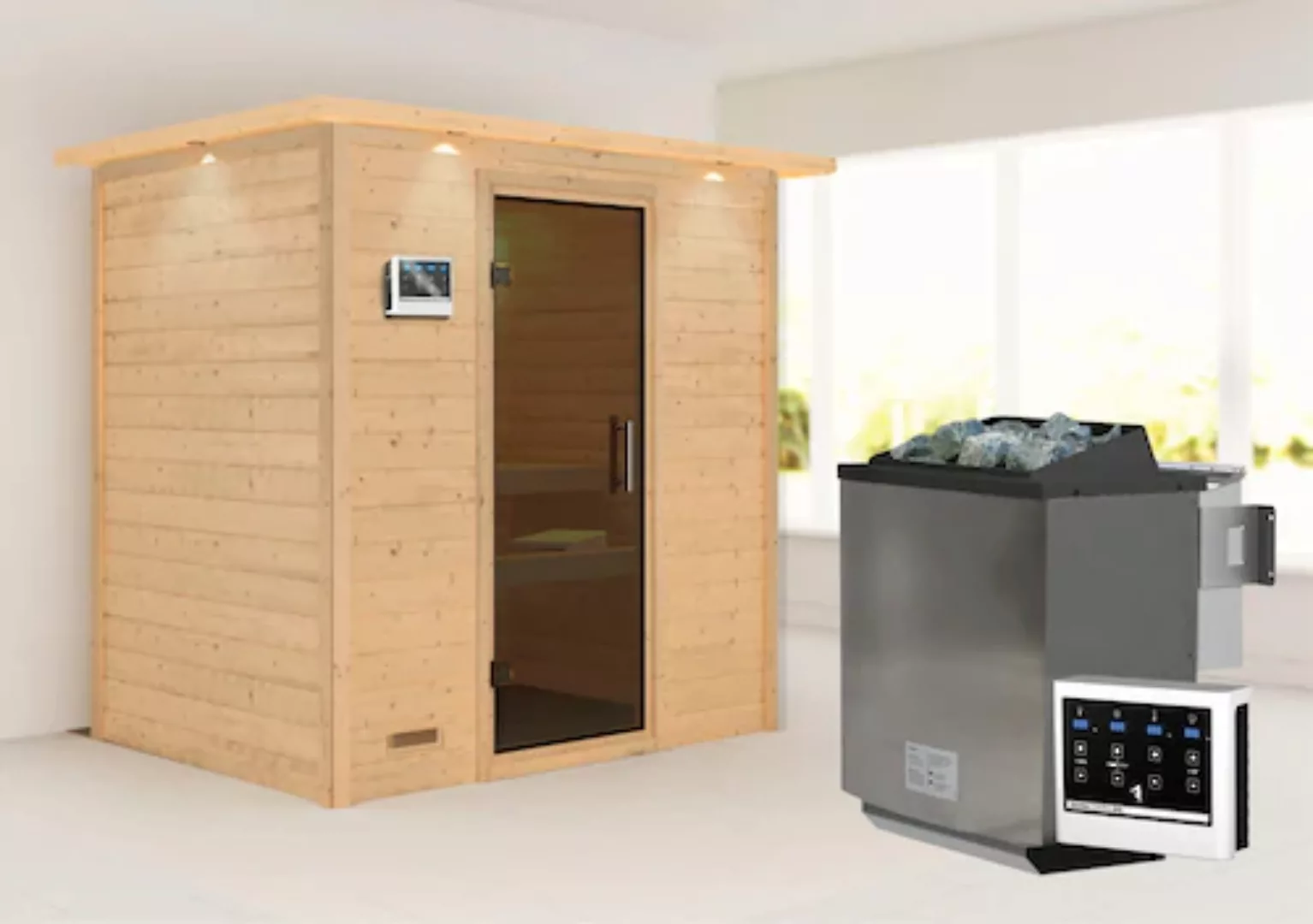 Karibu Sauna »"Sonja" mit graphitfarbener Tür und Kranz Ofen 9 kW Bio exter günstig online kaufen