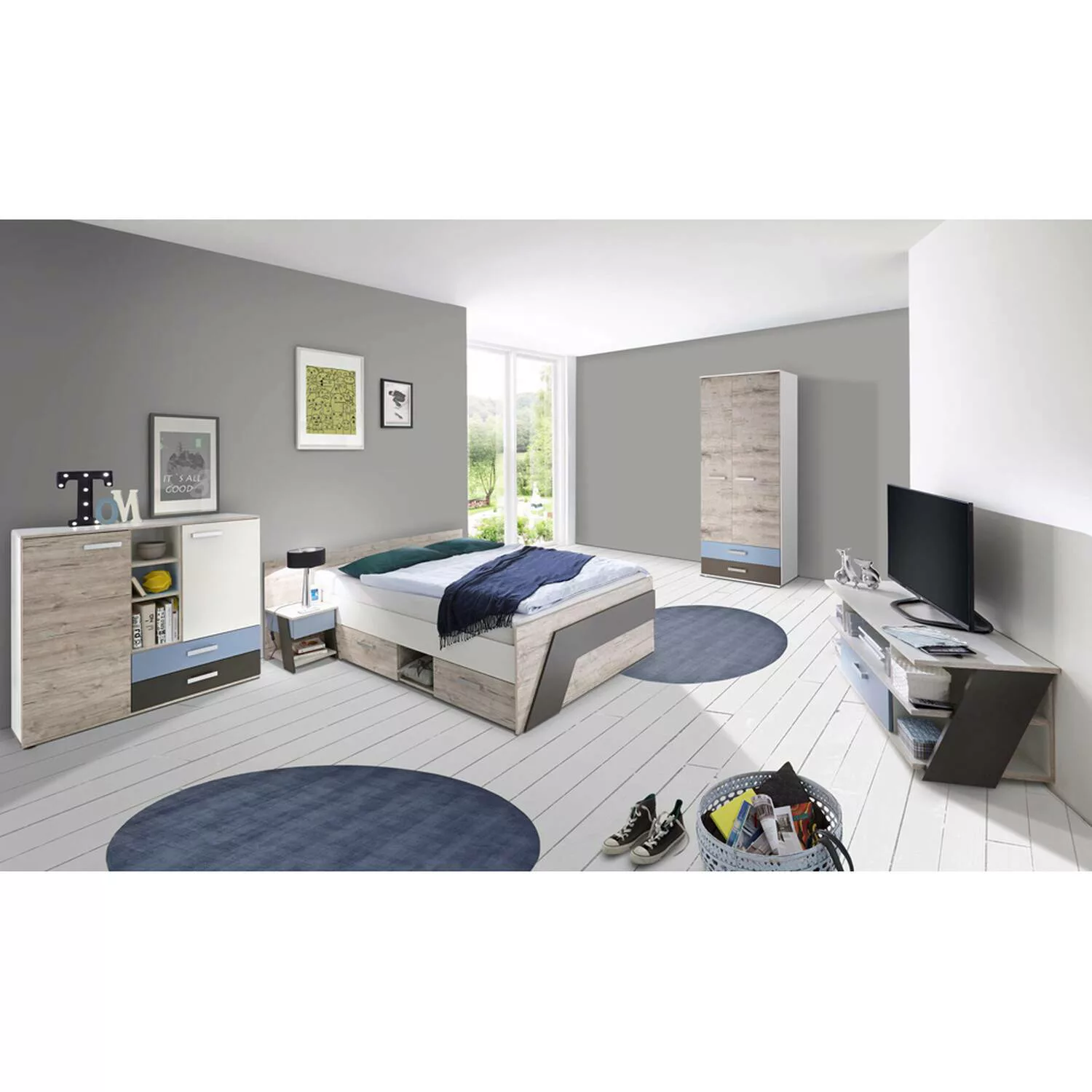 Jugendzimmer Set mit Bett 140x200 cm mit 60cm Kleiderschrank LEEDS-10 in Sa günstig online kaufen