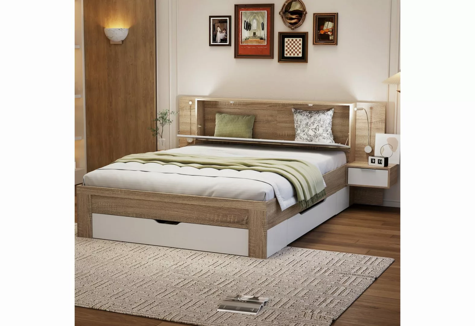 IDEASY Holzbett Doppelbett, Weiß und Eiche, mehrere Schubladen, 140 x 200 c günstig online kaufen
