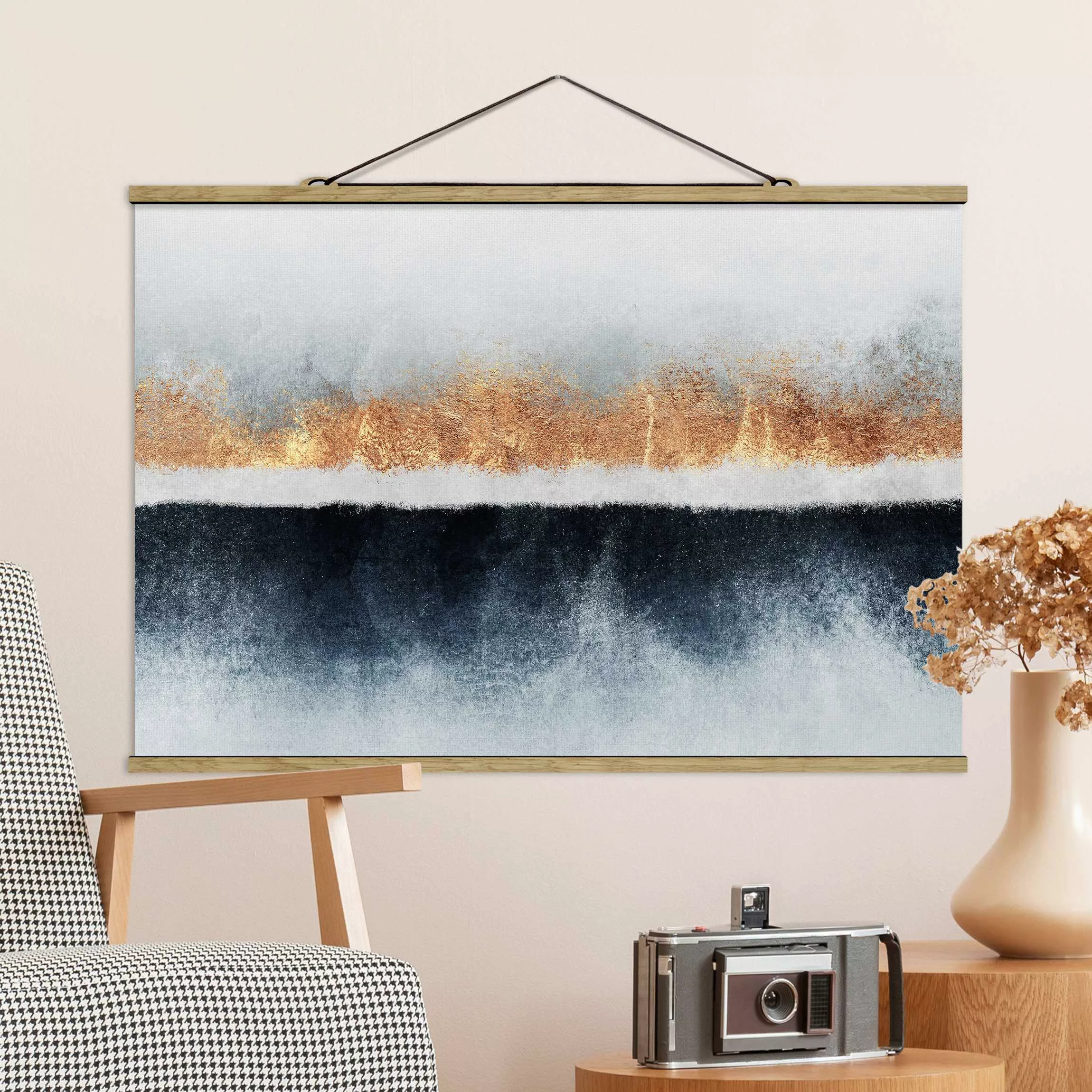 Stoffbild Abstrakt mit Posterleisten - Querformat Goldener Horizont Aquarel günstig online kaufen