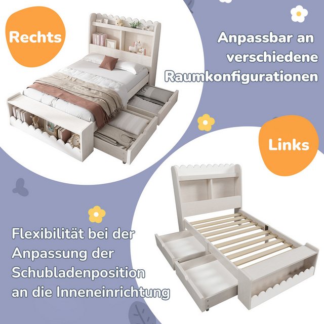 Flieks Kinderbett, Massivholz Einzelbett Stauraumbett 90x200cm mit 2 Schubl günstig online kaufen