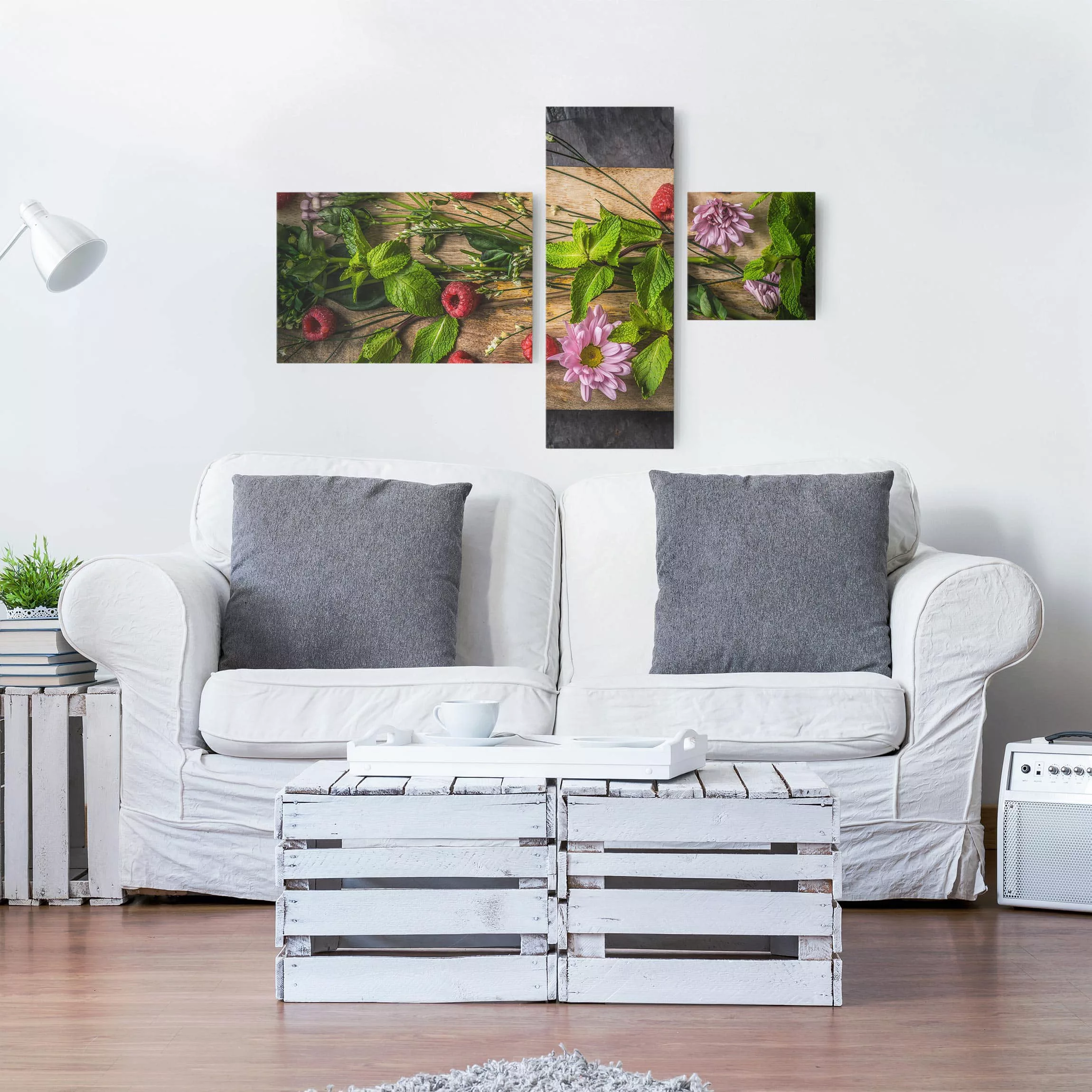 3-teiliges Leinwandbild - Querformat Blumen Himbeeren Minze günstig online kaufen