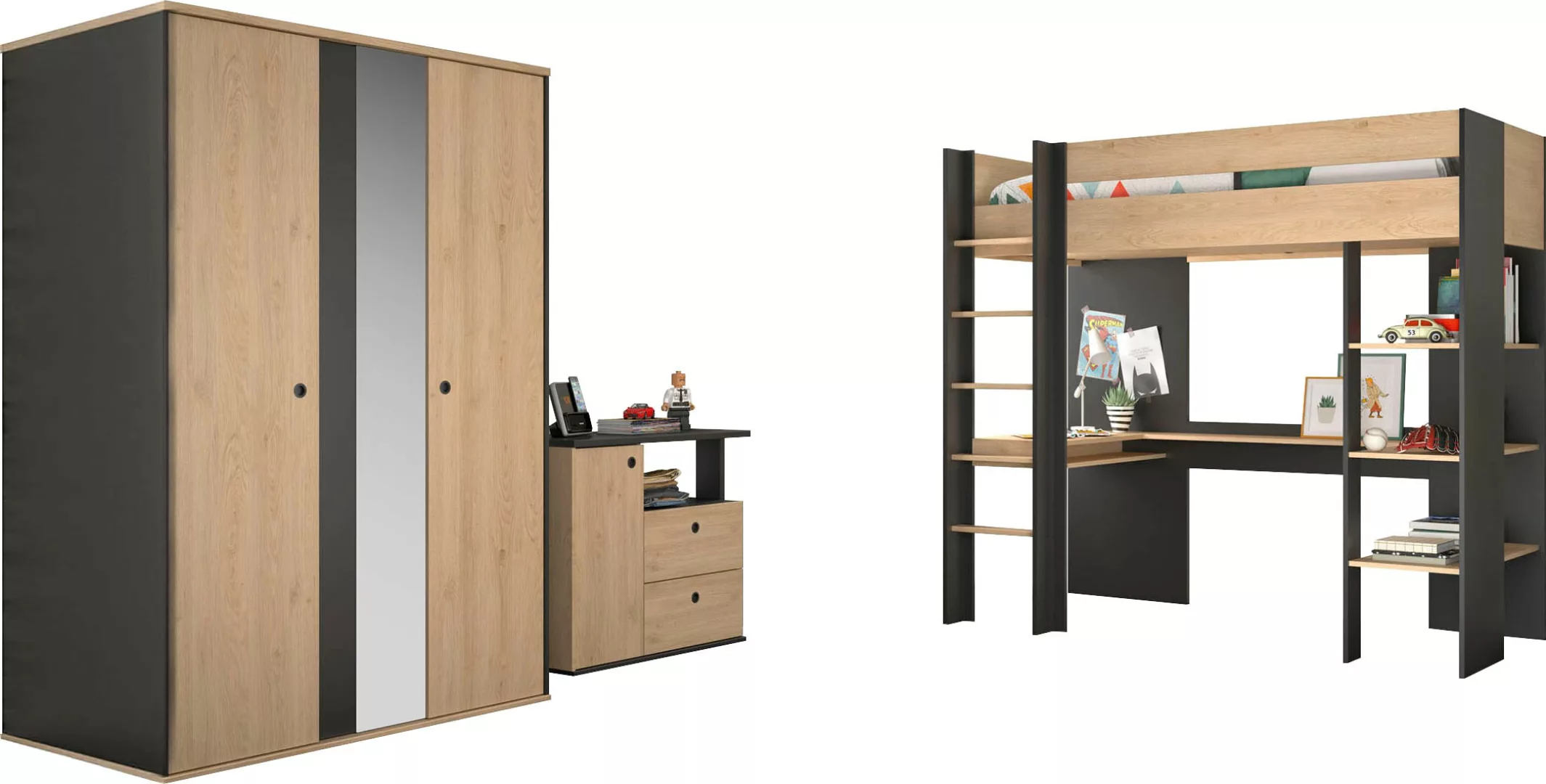 Gami Jugendzimmer-Set "Duplex", (3 tlg., Kleiderschrank, Kommode, Hochbett) günstig online kaufen