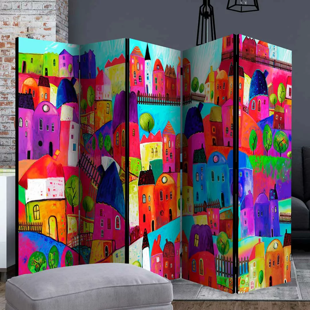 Paravent Bunt in Regenbogen Farben Häuser Motiv günstig online kaufen