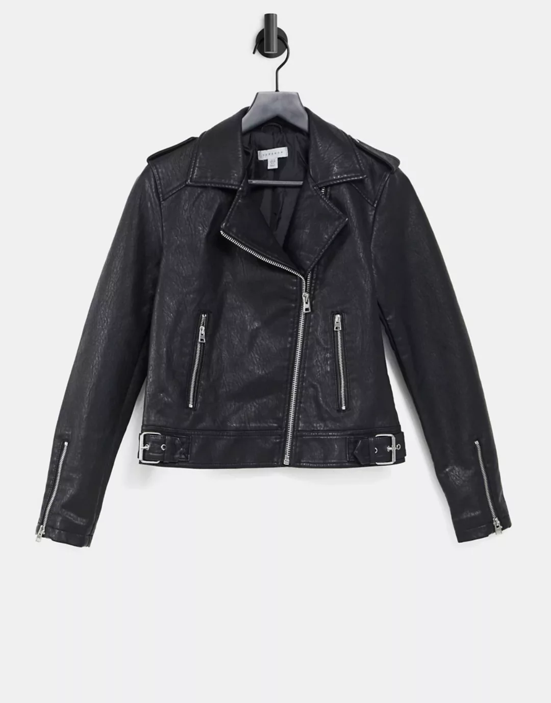 Topshop – Klassische Bikerjacke aus Kunstleder in Schwarz günstig online kaufen