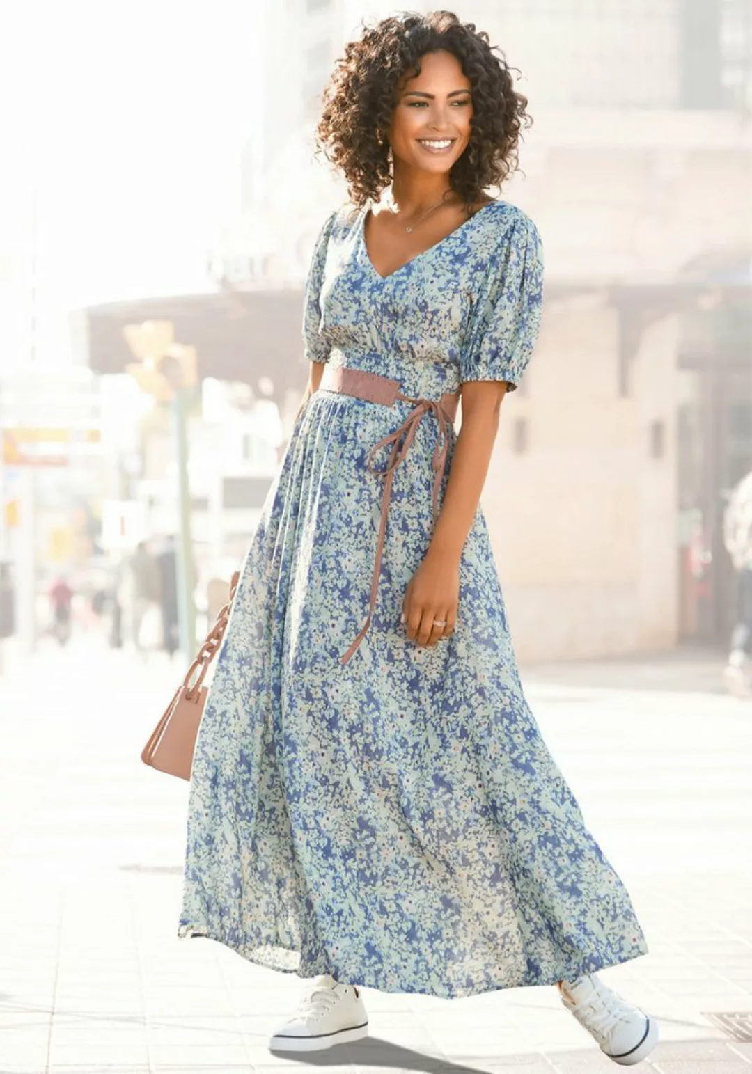 Buffalo Maxikleid mit zartem Blumendruck und V-Ausschnitt, Sommerkleid, Str günstig online kaufen