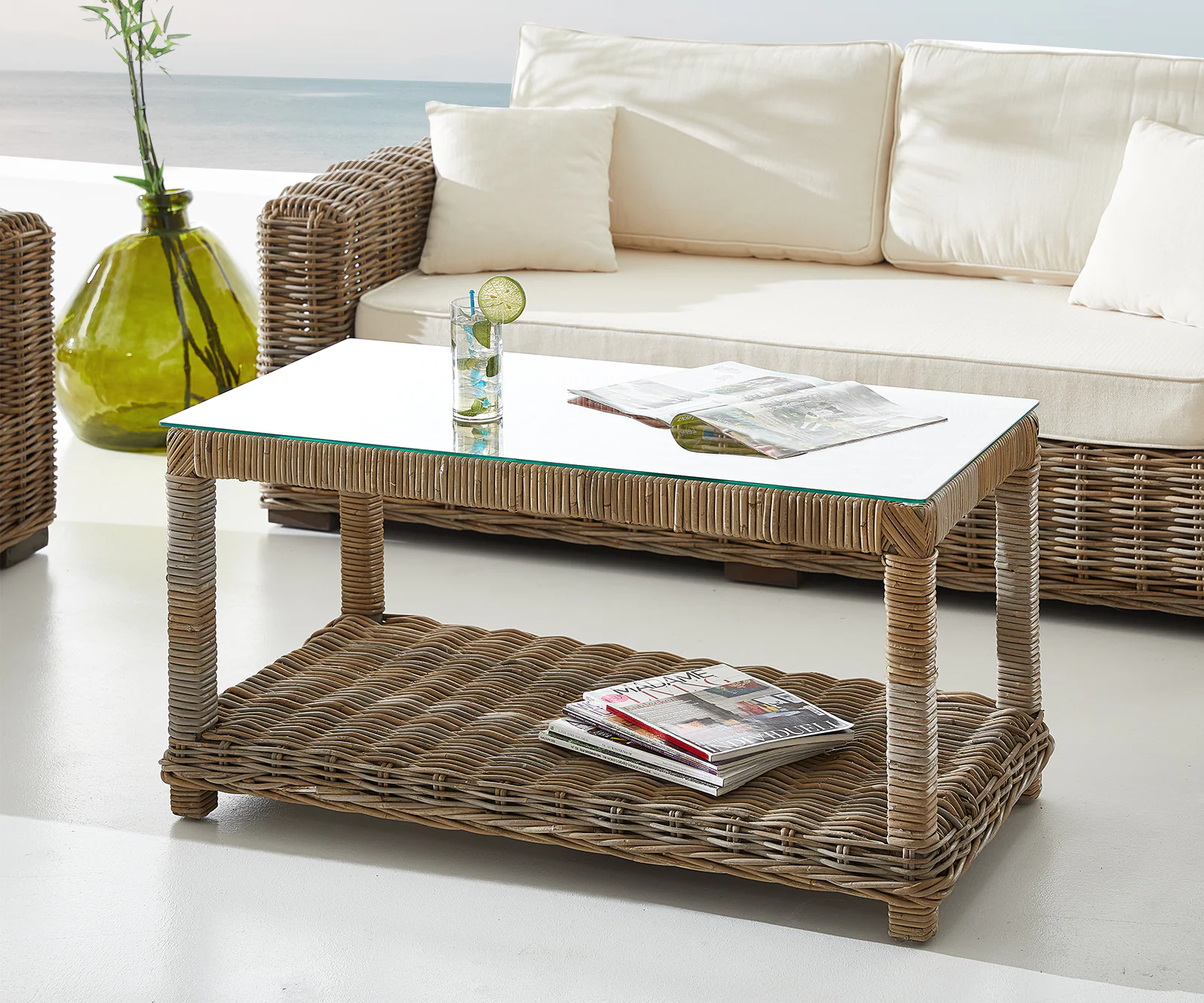 Loungetisch Nizza 100x50 cm Rattan grau Glasplatte günstig online kaufen