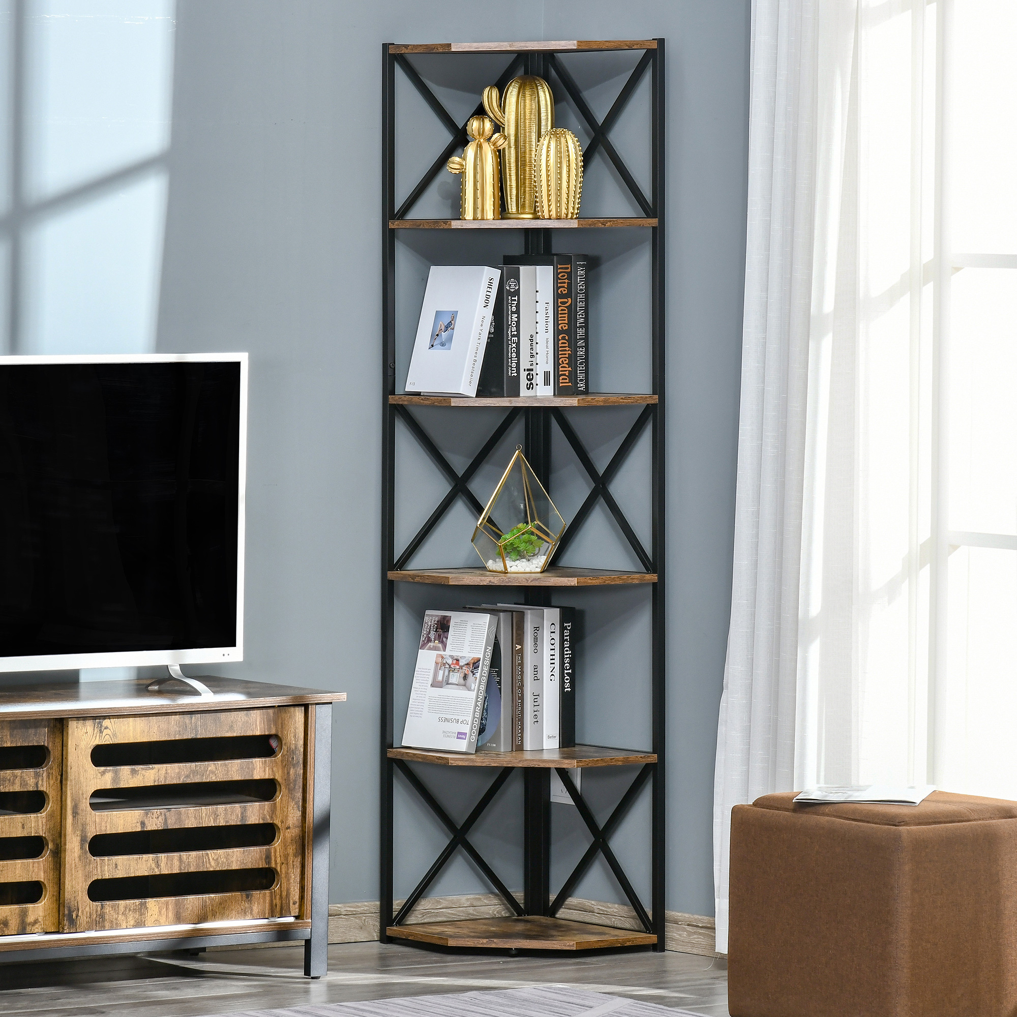 HOMCOM Eckschrank Wandregal, Industriestil Holz und Metallregal mit 5 Regal günstig online kaufen