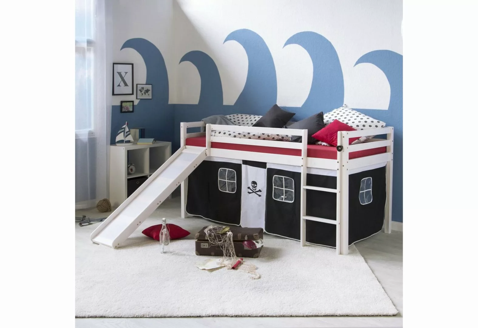 Homestyle4u Hochbett 90x200 cm Kinderbett Weiß mit Vorhang für 1 Kind Kiefe günstig online kaufen